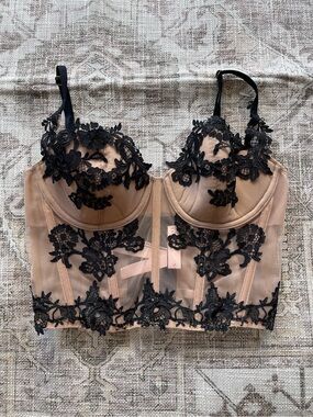 Victoria's Secret Nude and Black Floral Lace Longline Bra